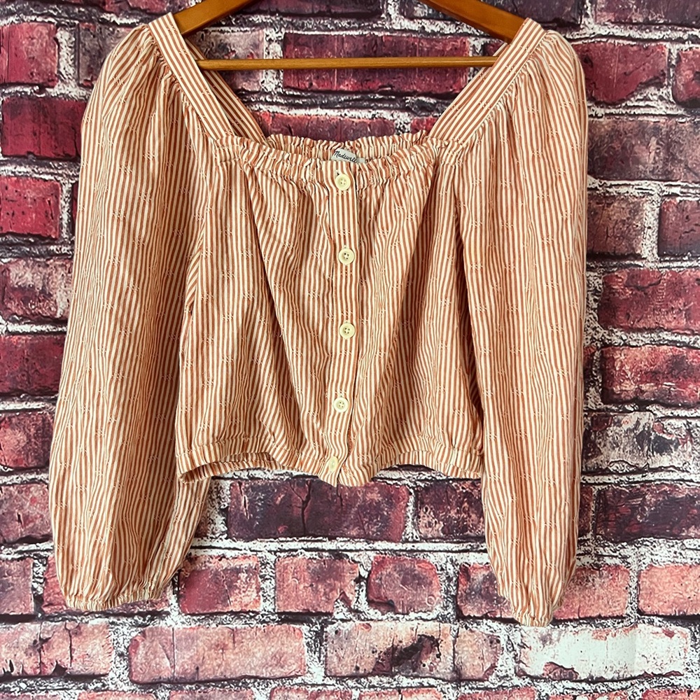 Madewell Puff-Sleeve Button-Front Crop Top in Embroidered Stripe